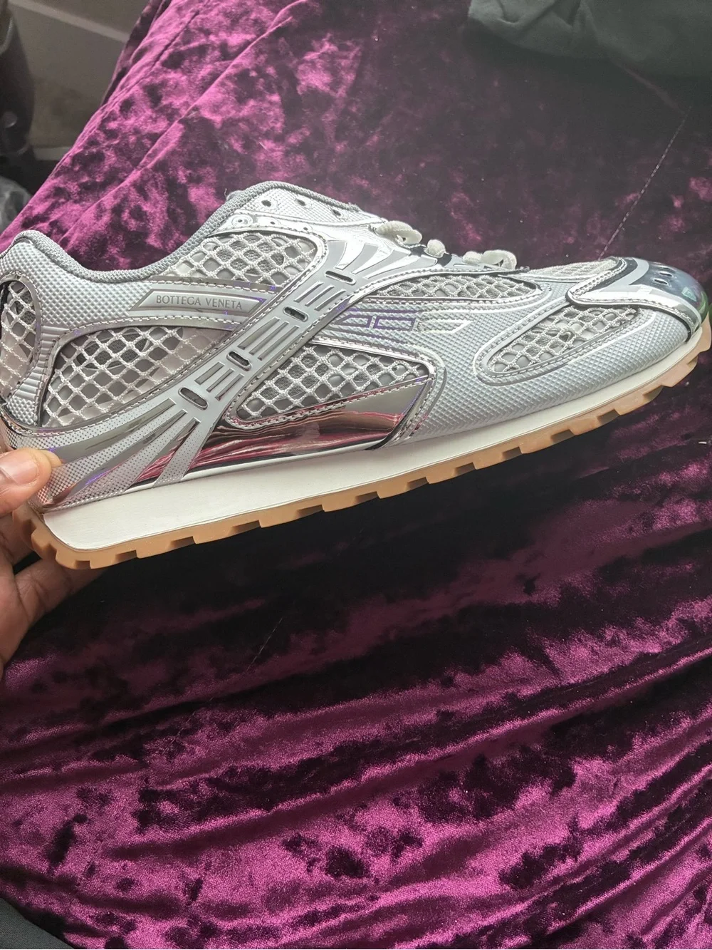 Bottega Veneta Silver Mesh and Metallic Runner with Gum Sole